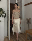 Hydrae Satin Asymmetric Midi Skirt with Draped Side Detail