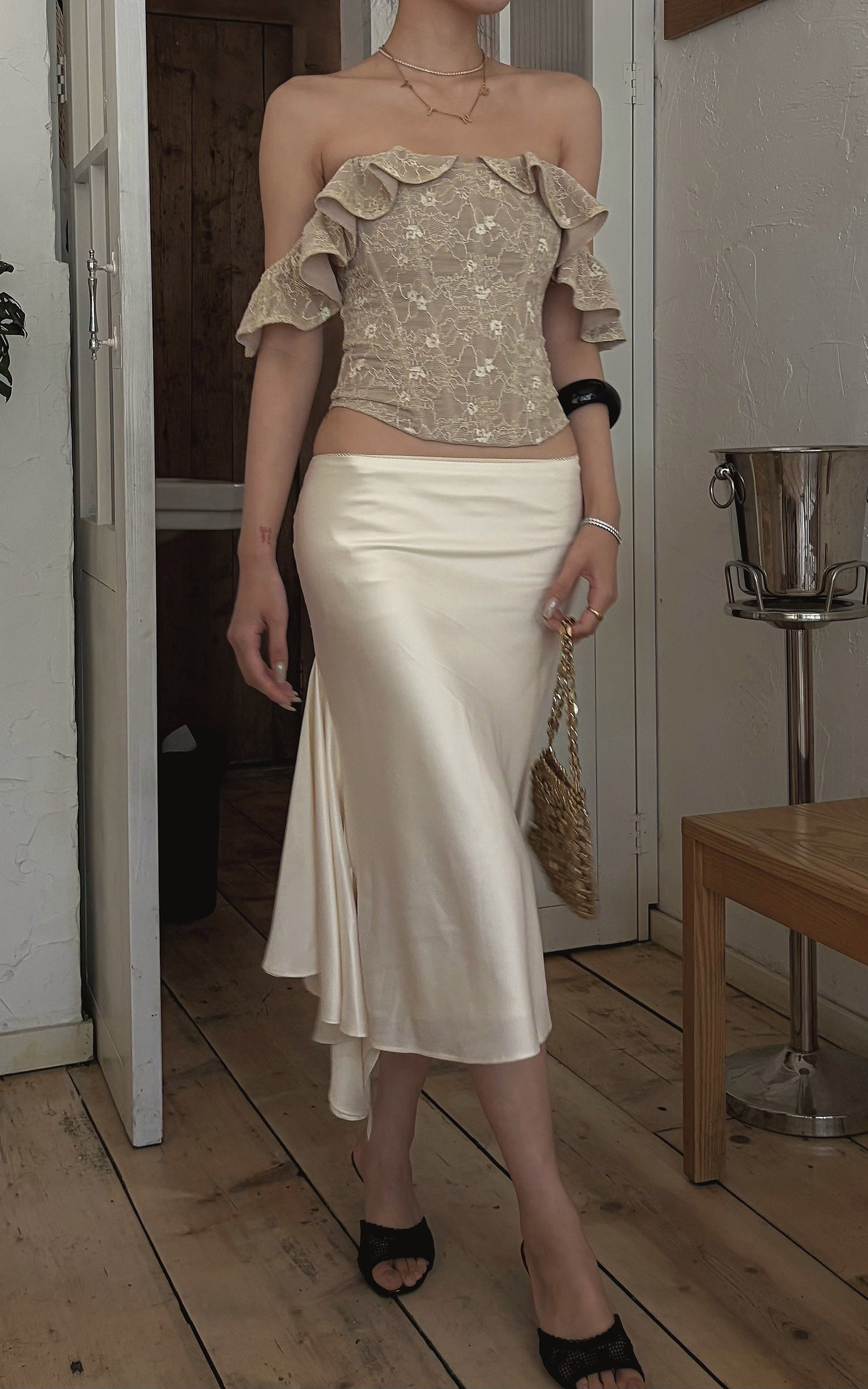 Hydrae Satin Asymmetric Midi Skirt with Draped Side Detail