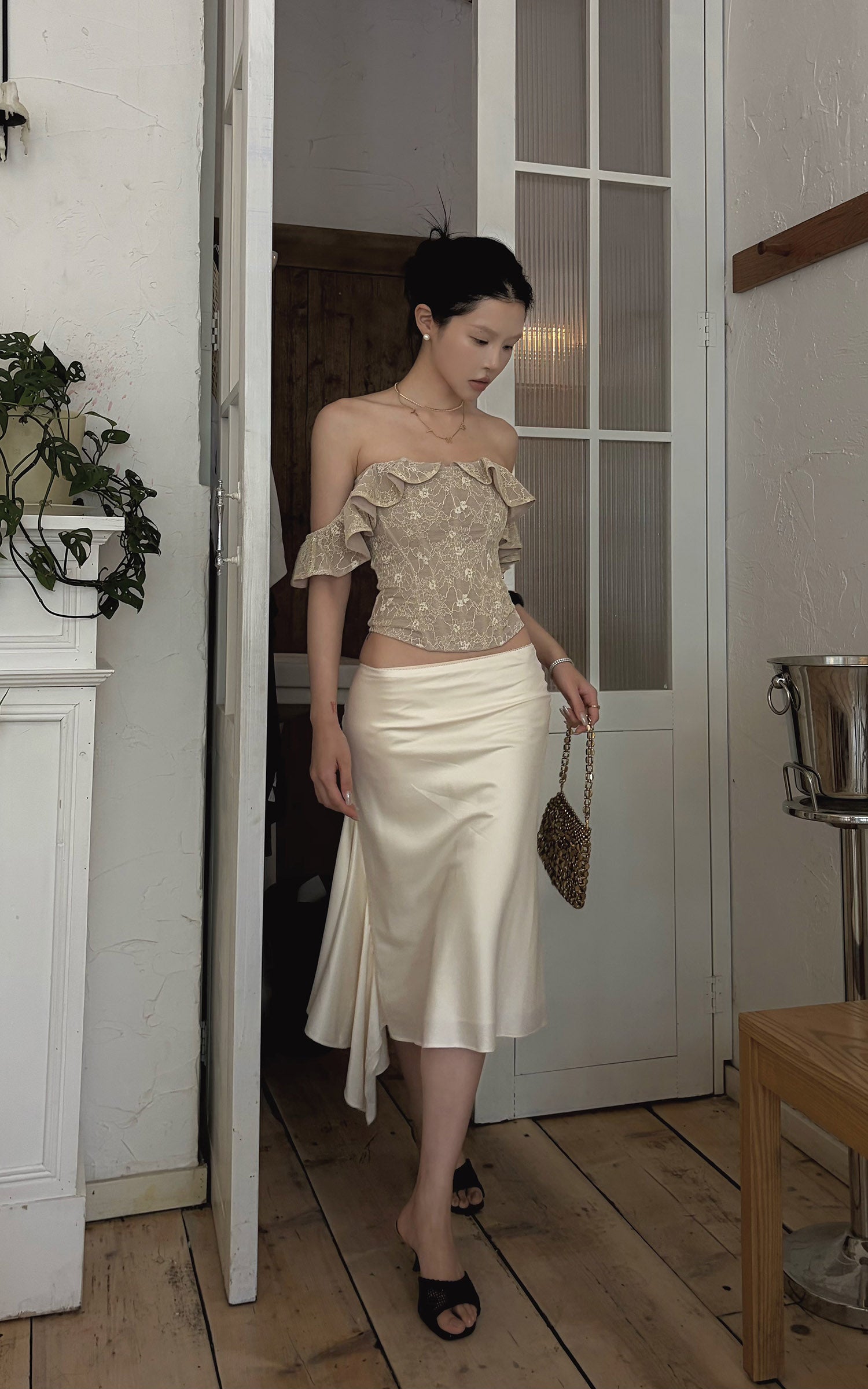 Hydrae Satin Asymmetric Midi Skirt with Draped Side Detail