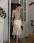 Hydrae Satin Asymmetric Midi Skirt with Draped Side Detail