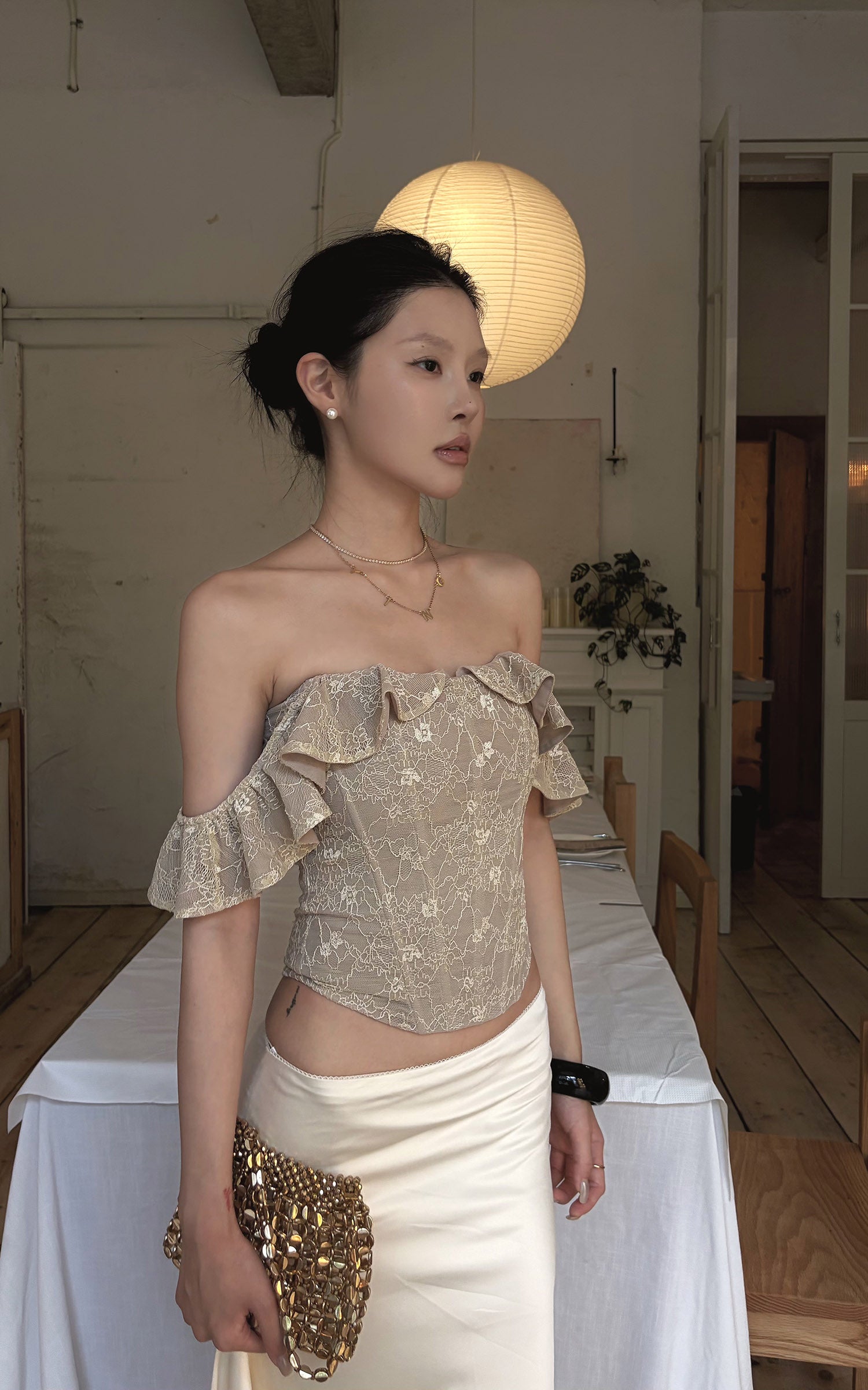 Hydrae Off-Shoulder Floral Lace Corset Ruffle Trim Sculpted Waist Top