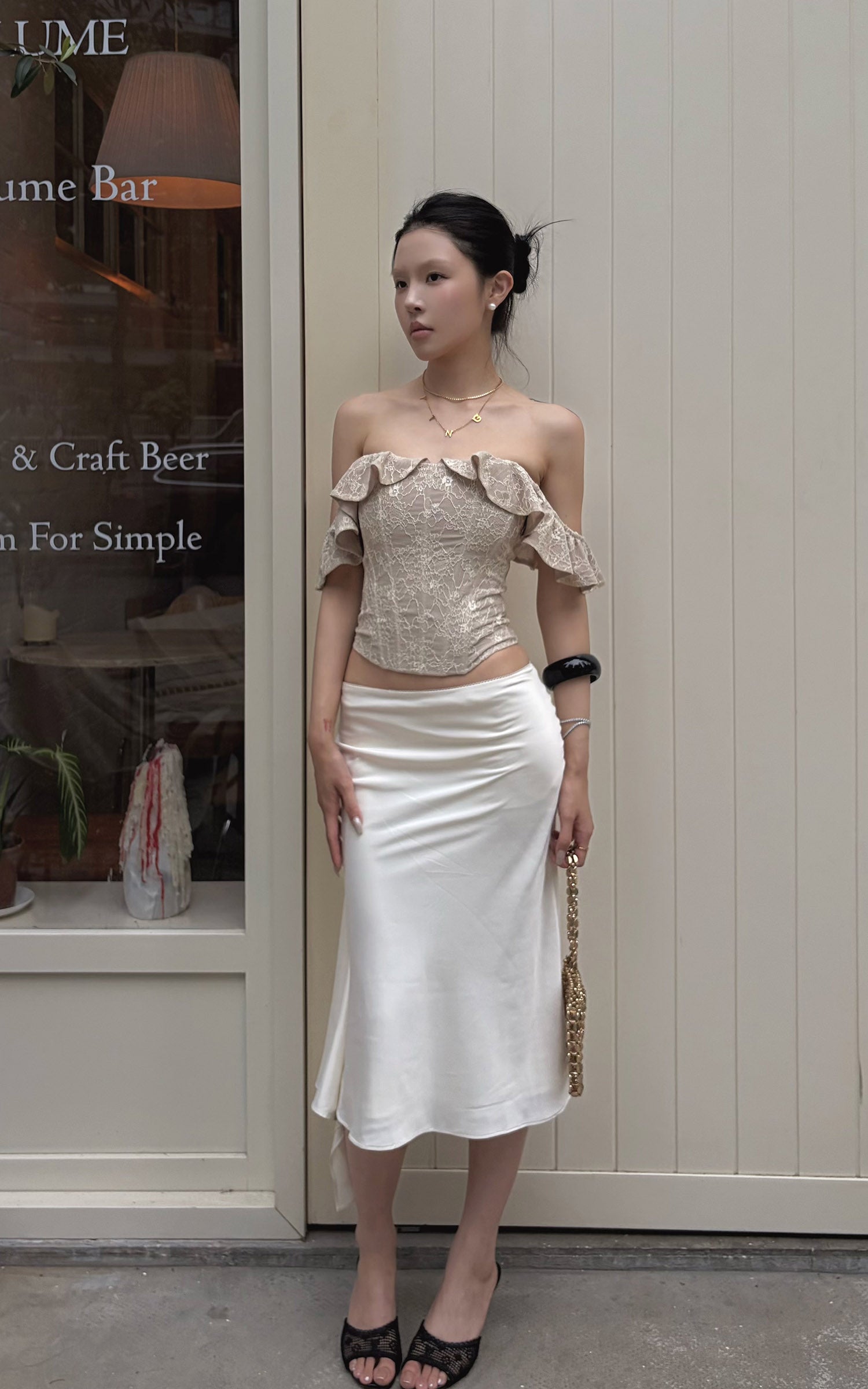 Hydrae Satin Asymmetric Midi Skirt with Draped Side Detail