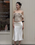Hydrae Satin Asymmetric Midi Skirt with Draped Side Detail