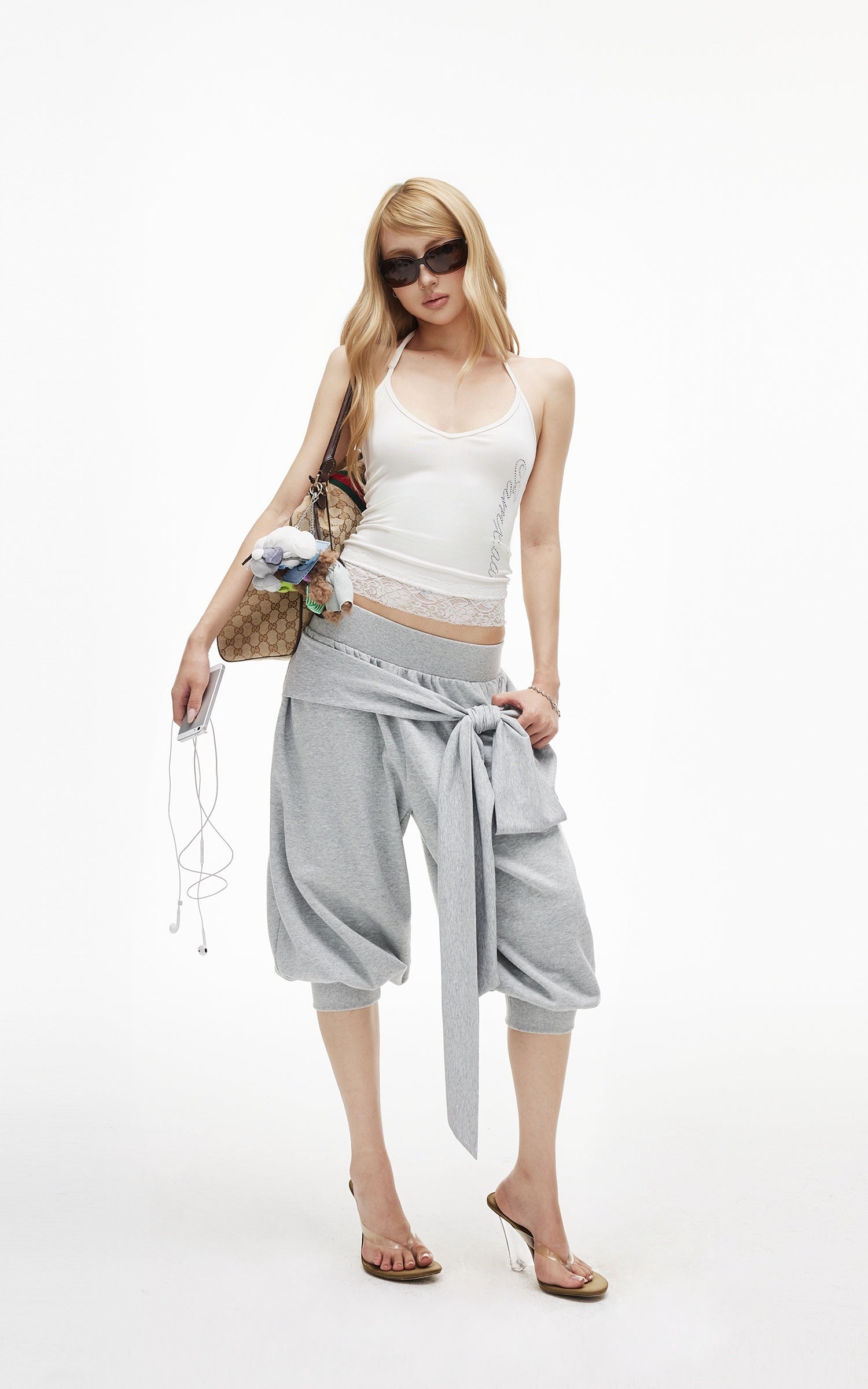 IAMXIAA Rhinestone Logo Lace Trim Halter Cami Tank Top