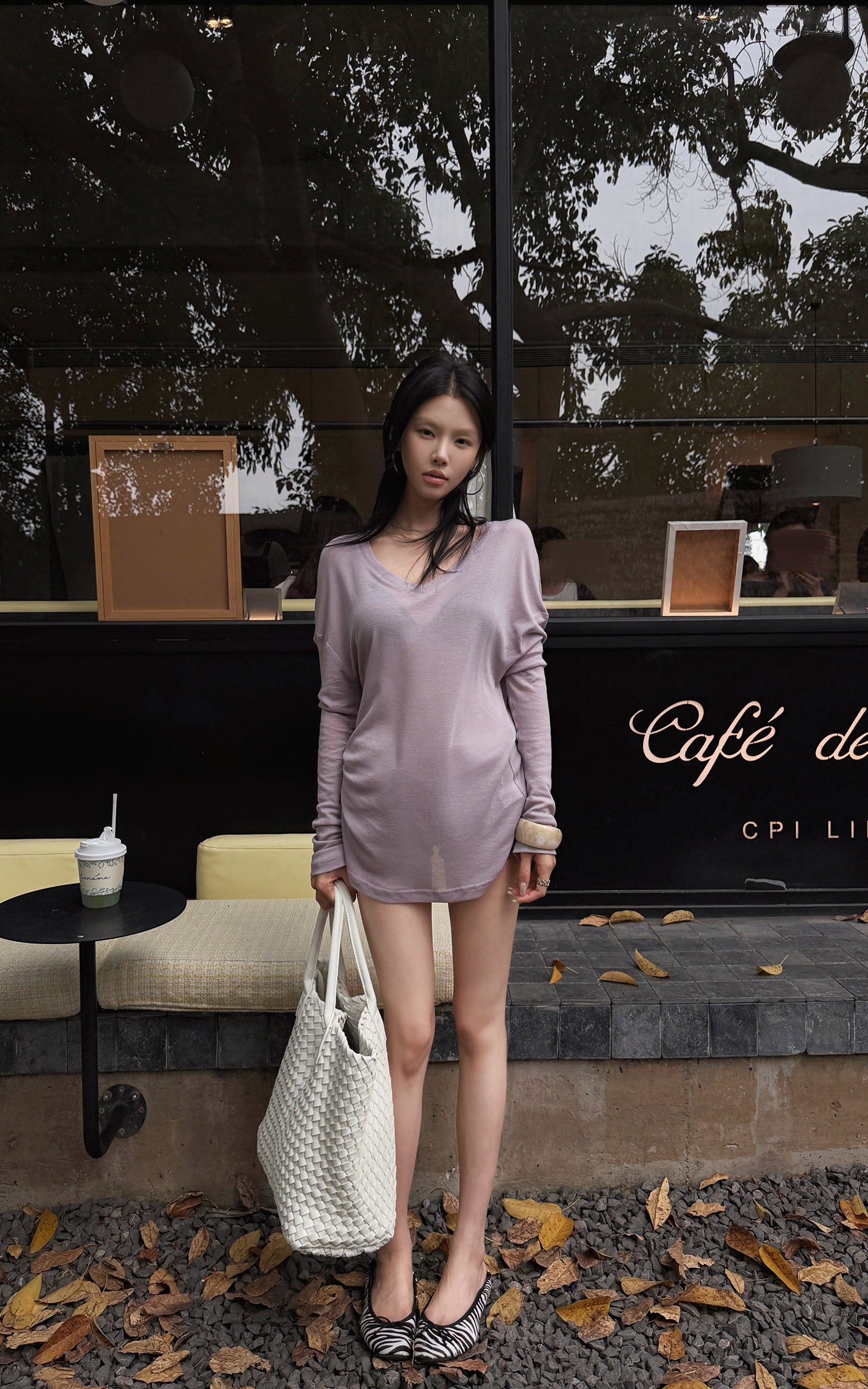 Hydrae Lilac Soft Knit V-Neck Draped Wool Long Sleeve Fitted Top