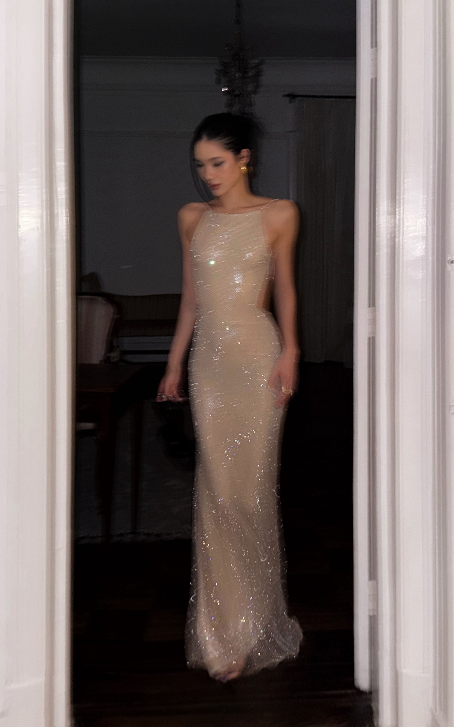 ROVENTE Rhinestone Mesh Halter Maxi Dress