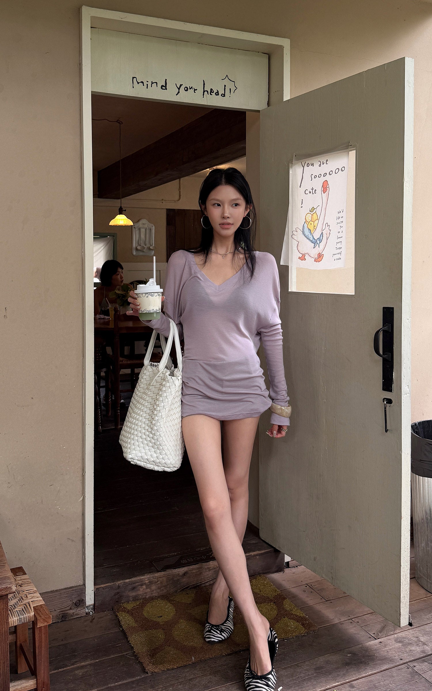Hydrae Lilac Soft Knit V-Neck Draped Wool Long Sleeve Fitted Top