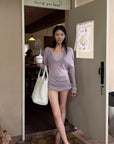 Hydrae Lilac Soft Knit V-Neck Draped Wool Long Sleeve Fitted Top