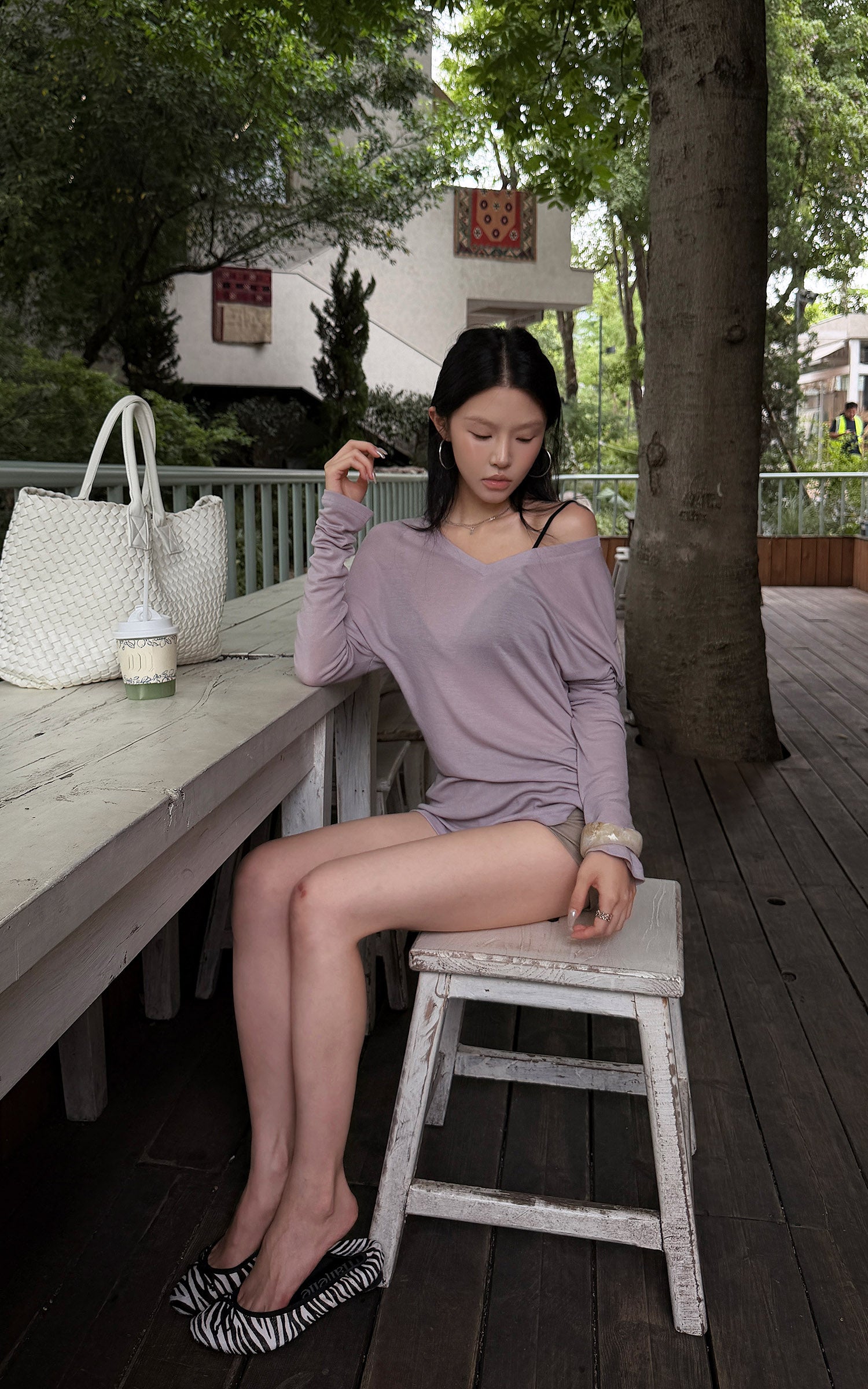 Hydrae Lilac Soft Knit V-Neck Draped Wool Long Sleeve Fitted Top