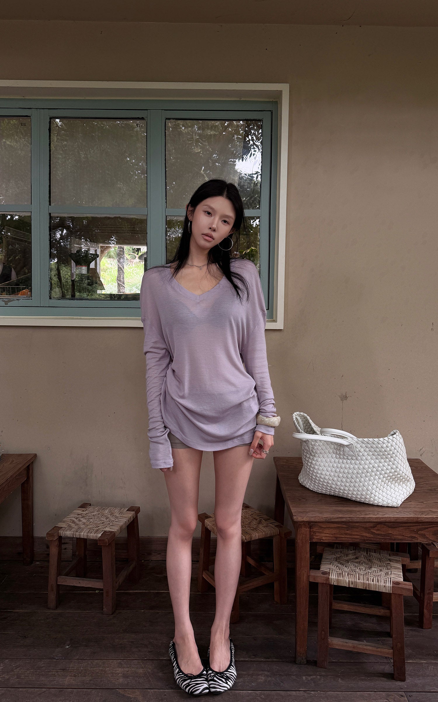 Hydrae Lilac Soft Knit V-Neck Draped Wool Long Sleeve Fitted Top