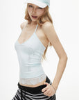 IAMXIAA Rhinestone Logo Lace Trim Halter Cami Tank Top