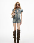 IAMXIAA Vintage Wash Fitted Denim Button-Up Short Sleeve Romper