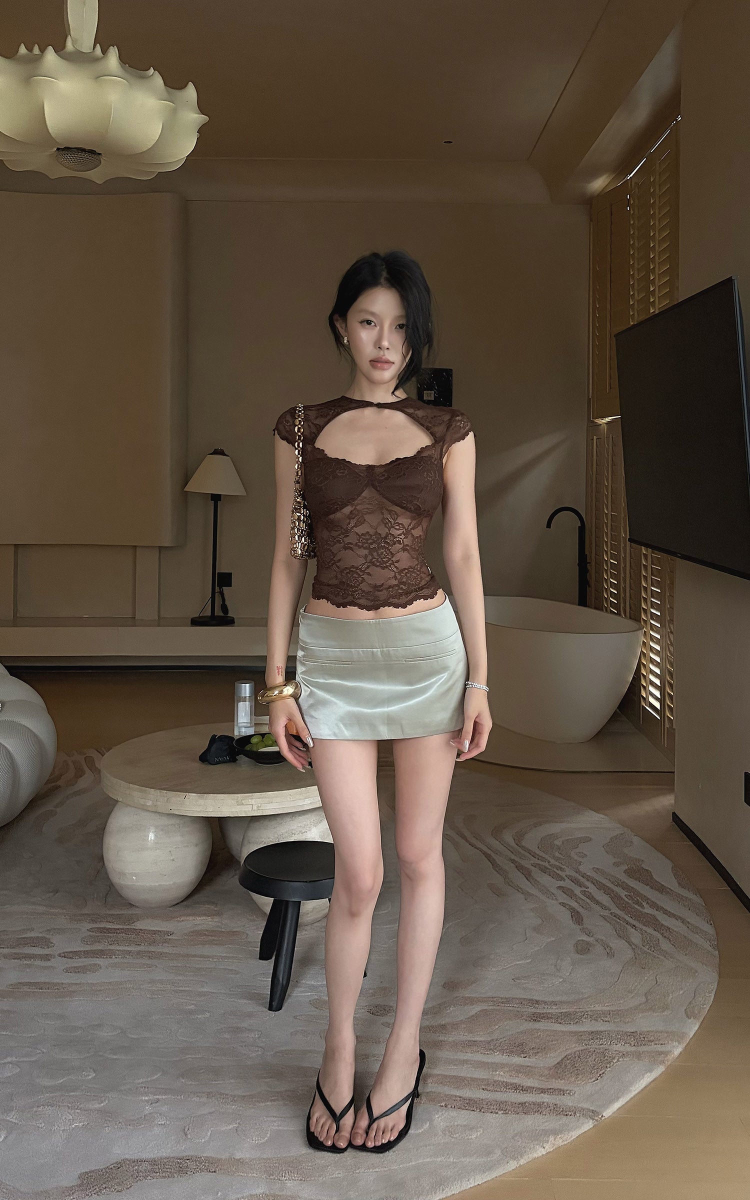 Hydrae Sculpted Lace Cutout Cap Sleeve Corset Top with Sheer Floral Paneling