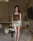 Hydrae Sculpted Lace Cutout Cap Sleeve Corset Top with Sheer Floral Paneling