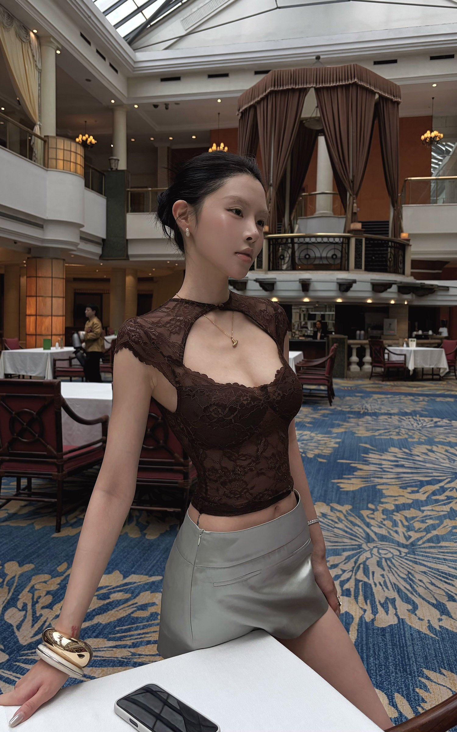 Hydrae Sculpted Lace Cutout Cap Sleeve Corset Top with Sheer Floral Paneling