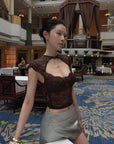 Hydrae Sculpted Lace Cutout Cap Sleeve Corset Top with Sheer Floral Paneling