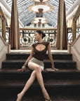 Hydrae Sculpted Lace Cutout Cap Sleeve Corset Top with Sheer Floral Paneling