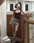 Hydrae Sculpted Lace Cutout Cap Sleeve Corset Top with Sheer Floral Paneling