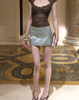 Hydrae Sculpted Lace Cutout Cap Sleeve Corset Top with Sheer Floral Paneling