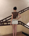 Hydrae Sculpted Lace Cutout Cap Sleeve Corset Top with Sheer Floral Paneling