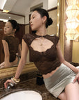 Hydrae Sculpted Lace Cutout Cap Sleeve Corset Top with Sheer Floral Paneling