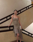 Hydrae Sequin Knit Asymmetric Chiffon Hem Cami Mini Dress