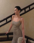 Hydrae Sequin Knit Asymmetric Chiffon Hem Cami Mini Dress