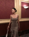 Hydrae Sequin Knit Asymmetric Chiffon Hem Cami Mini Dress