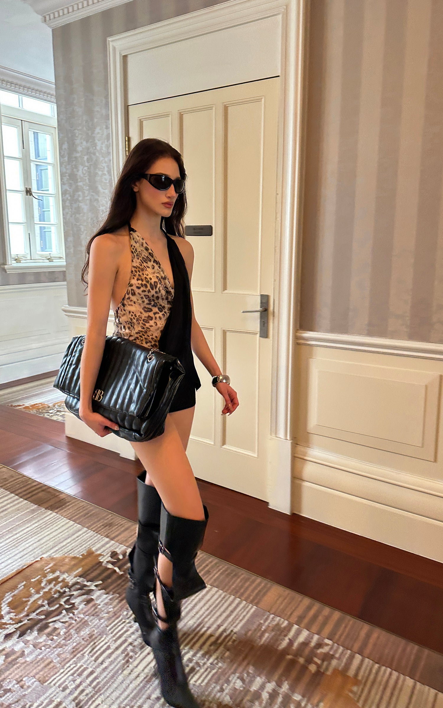 0122stepll Leopard Contrast Draped Halter Top