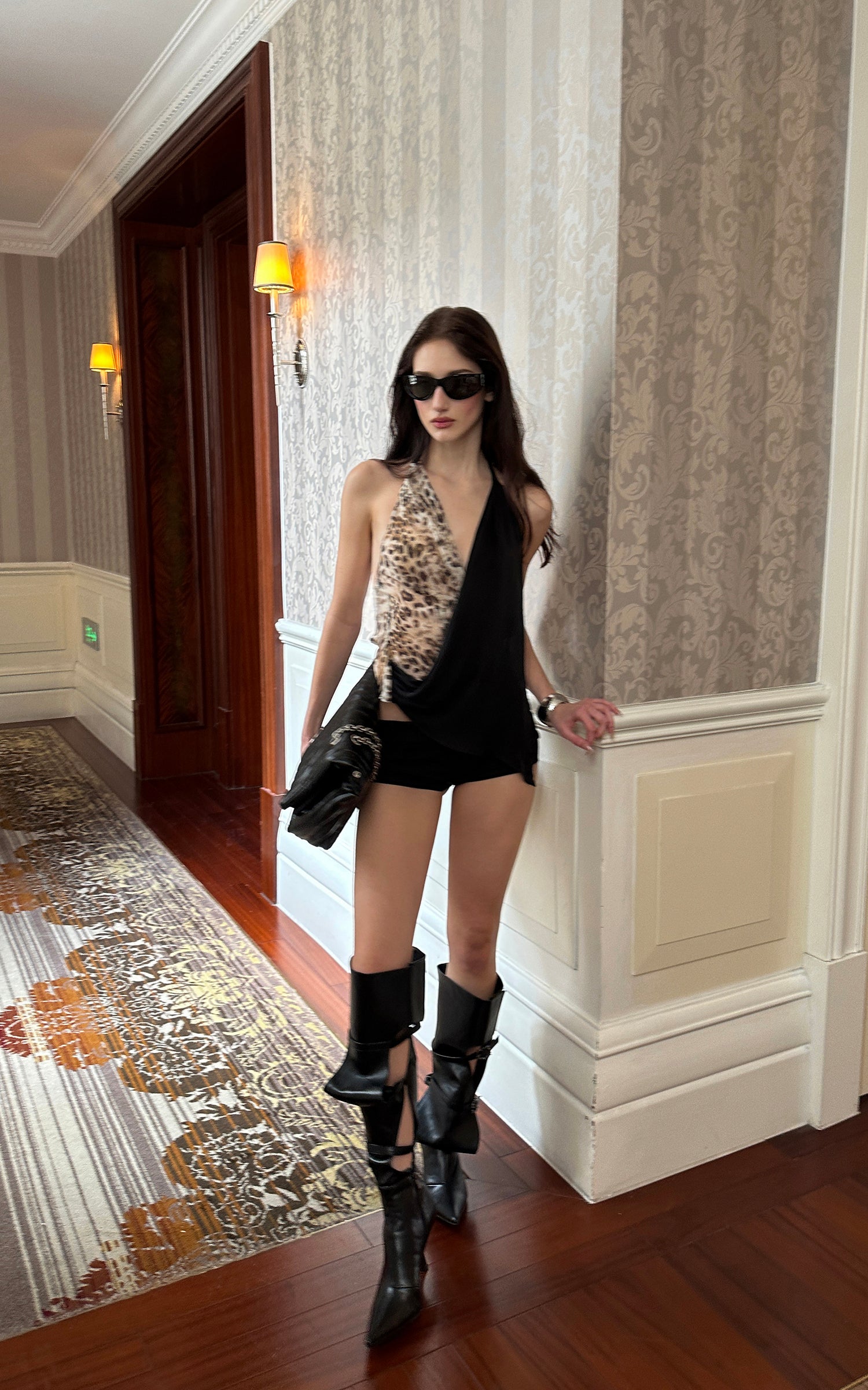 0122stepll Leopard Contrast Draped Halter Top