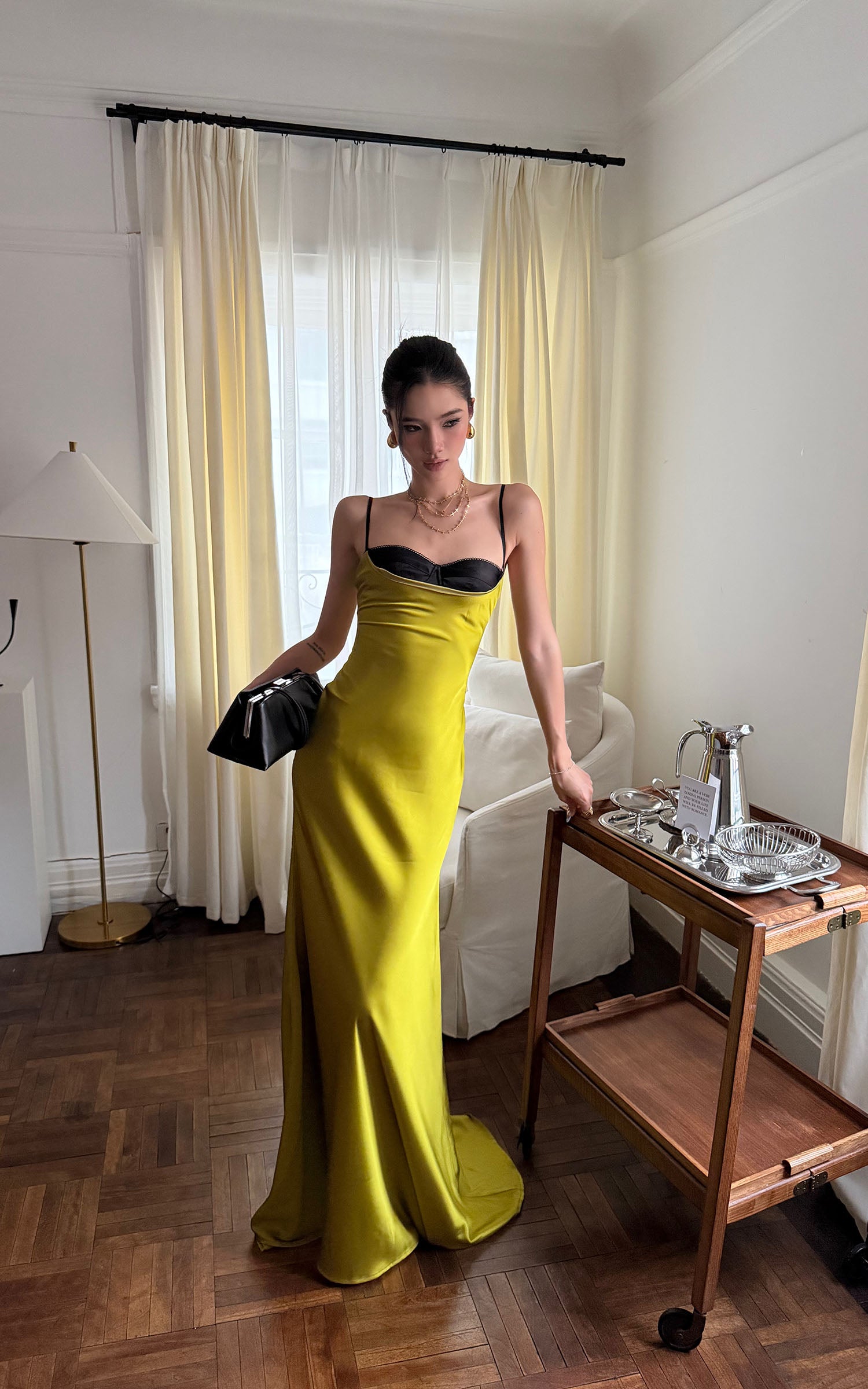 ROVENTE Contrast Bust Satin Flared Maxi Dress