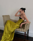 ROVENTE Contrast Bust Satin Flared Maxi Dress