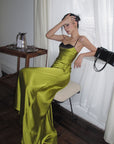 ROVENTE Contrast Bust Satin Flared Maxi Dress