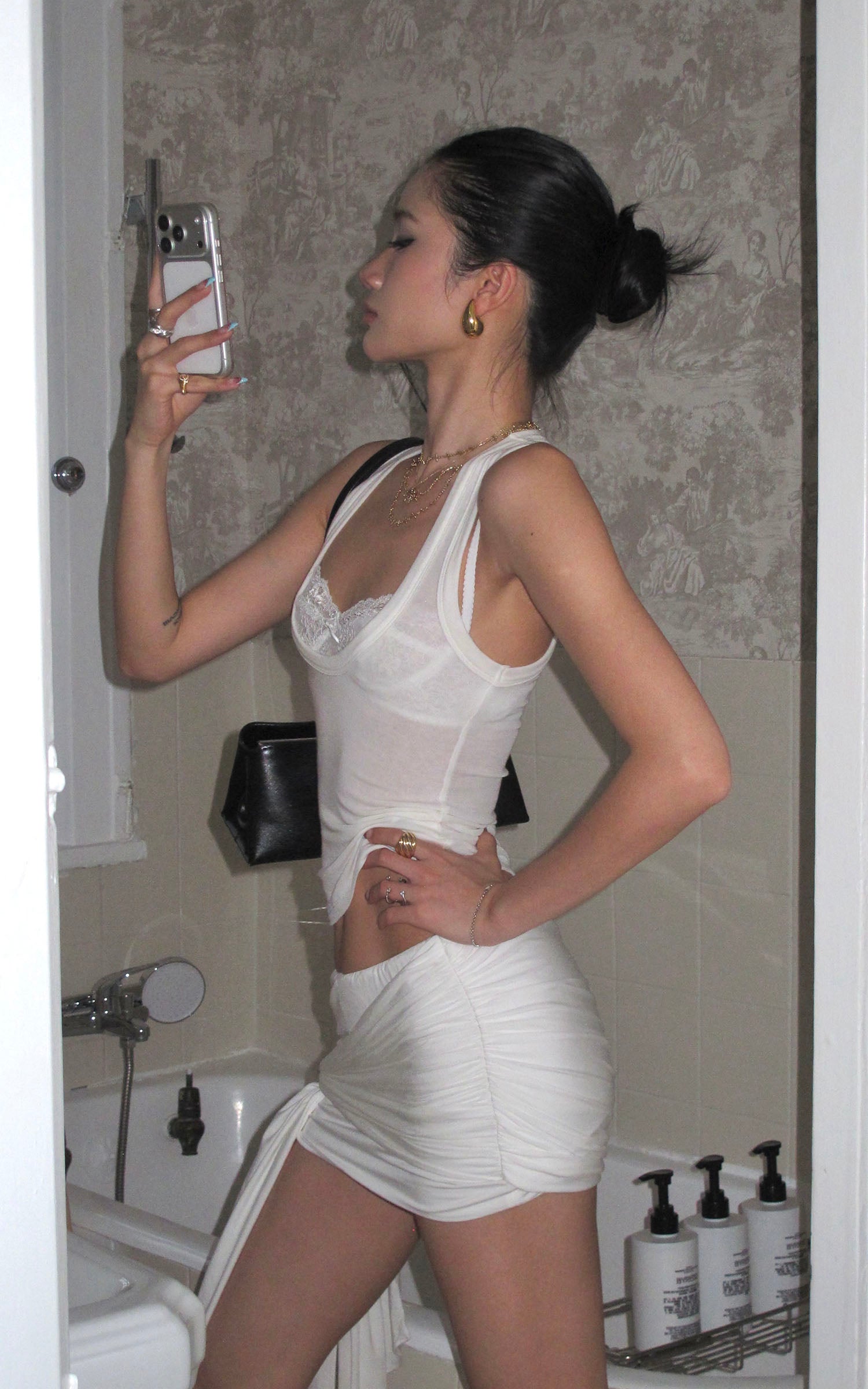 ROVENTE Lace Layered Tank Bra Draped Mini Skirt Set