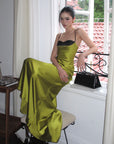 ROVENTE Contrast Bust Satin Flared Maxi Dress
