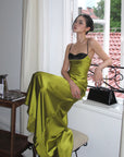 ROVENTE Contrast Bust Satin Flared Maxi Dress