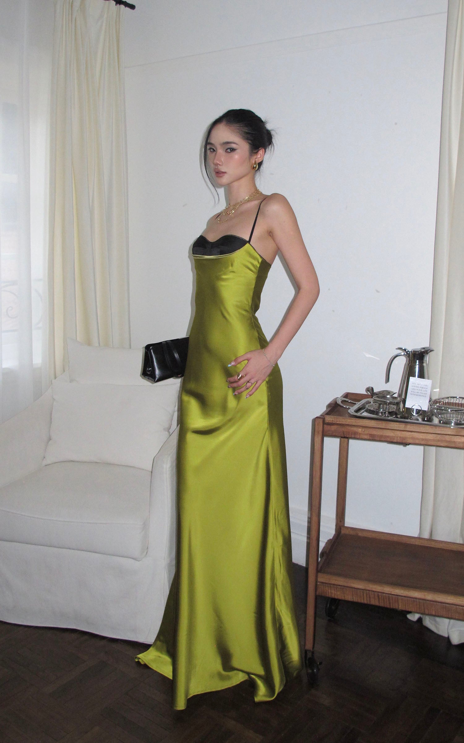 ROVENTE Contrast Bust Satin Flared Maxi Dress