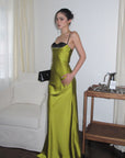 ROVENTE Contrast Bust Satin Flared Maxi Dress