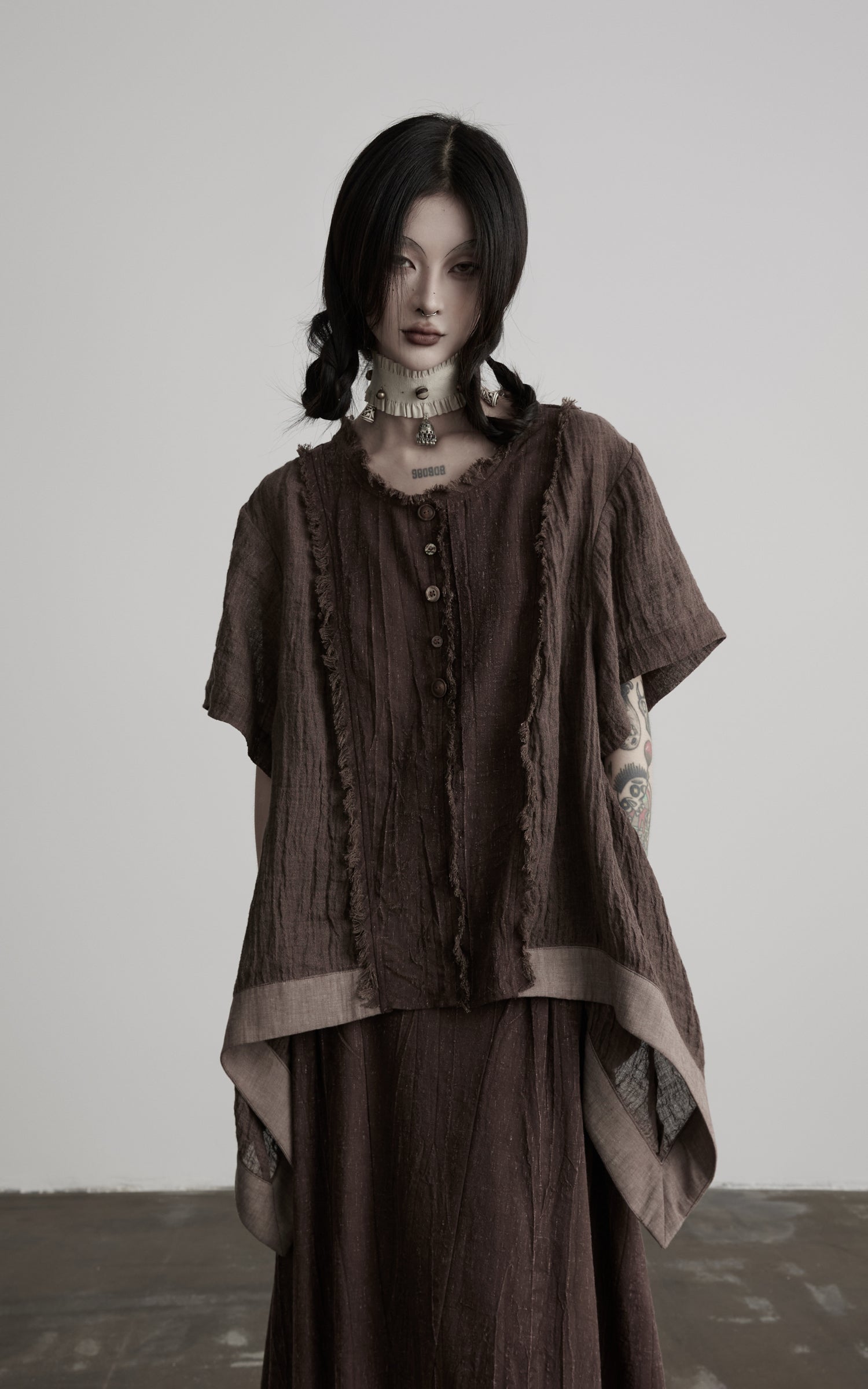 DOINDULGE Raw Edge Button-Front Draped T-Shirt
