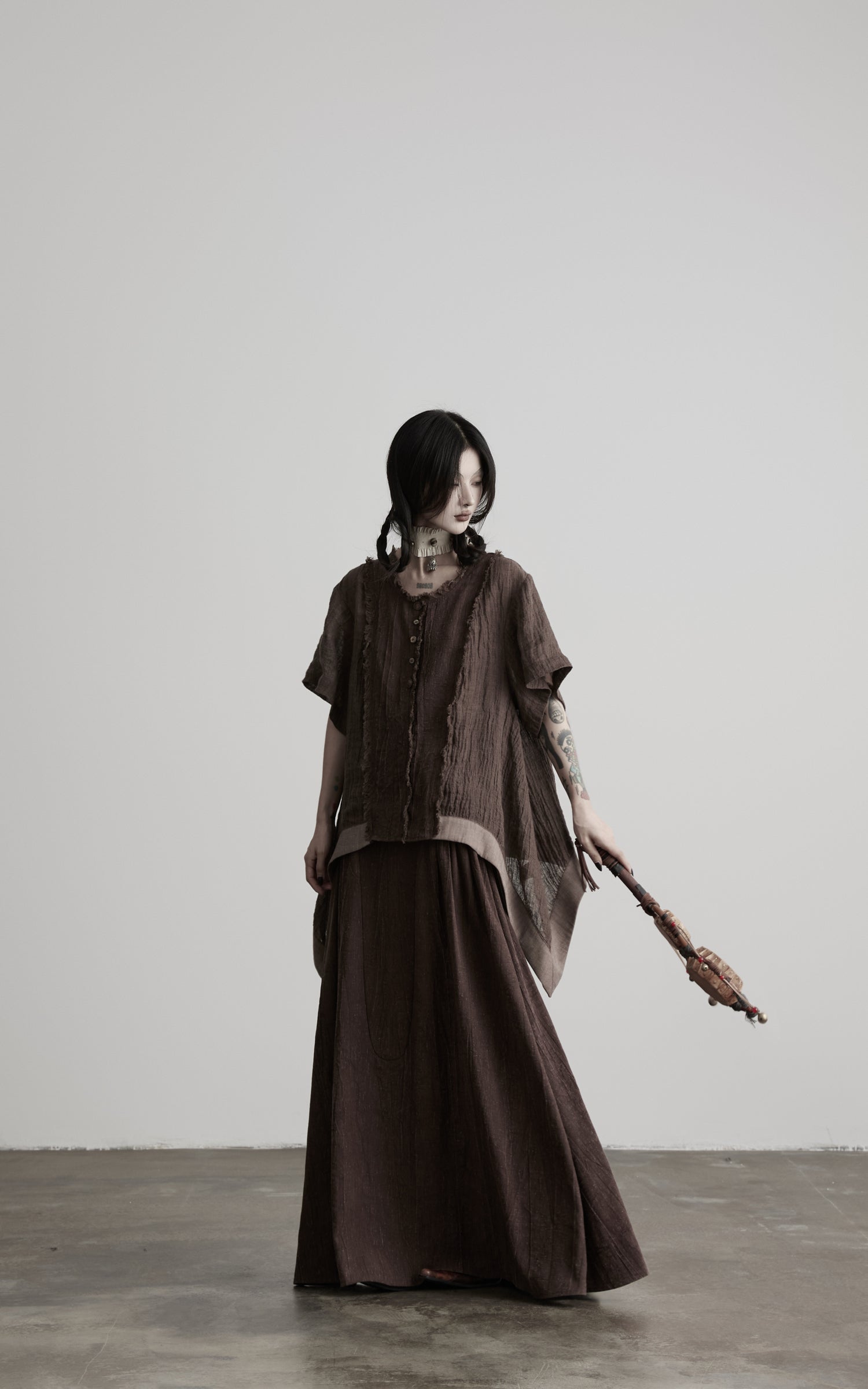 DOINDULGE Raw Edge Button-Front Draped T-Shirt