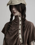 DOINDULGE High Neck Ruched Button T-Shirt