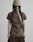 DOINDULGE High Neck Ruched Button T-Shirt
