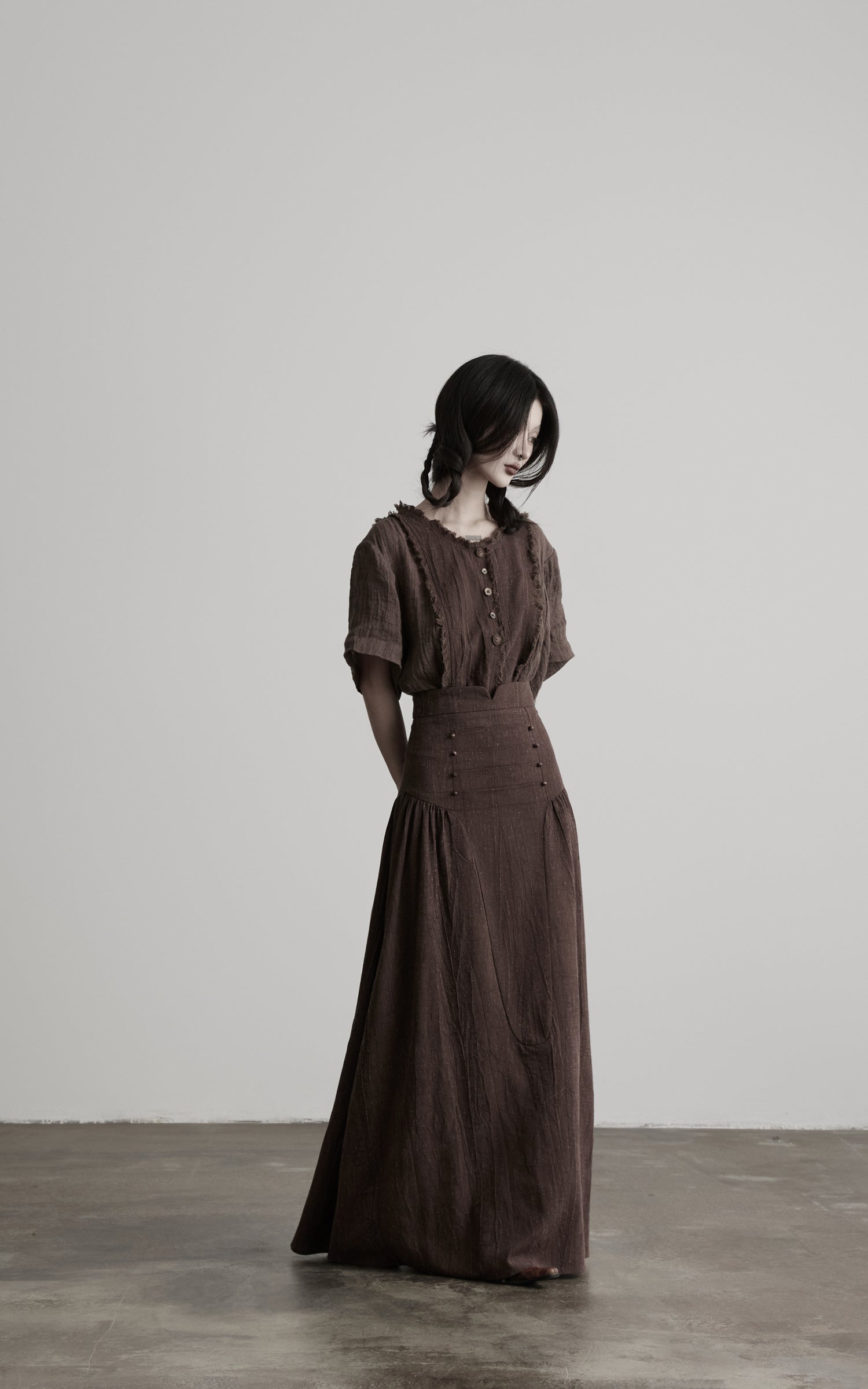 DOINDULGE Raw Edge Button-Front Draped T-Shirt