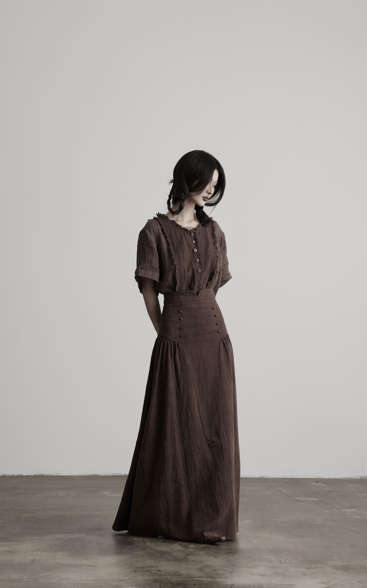 DOINDULGE High-Waist Panelled Gathered Maxi Skirt