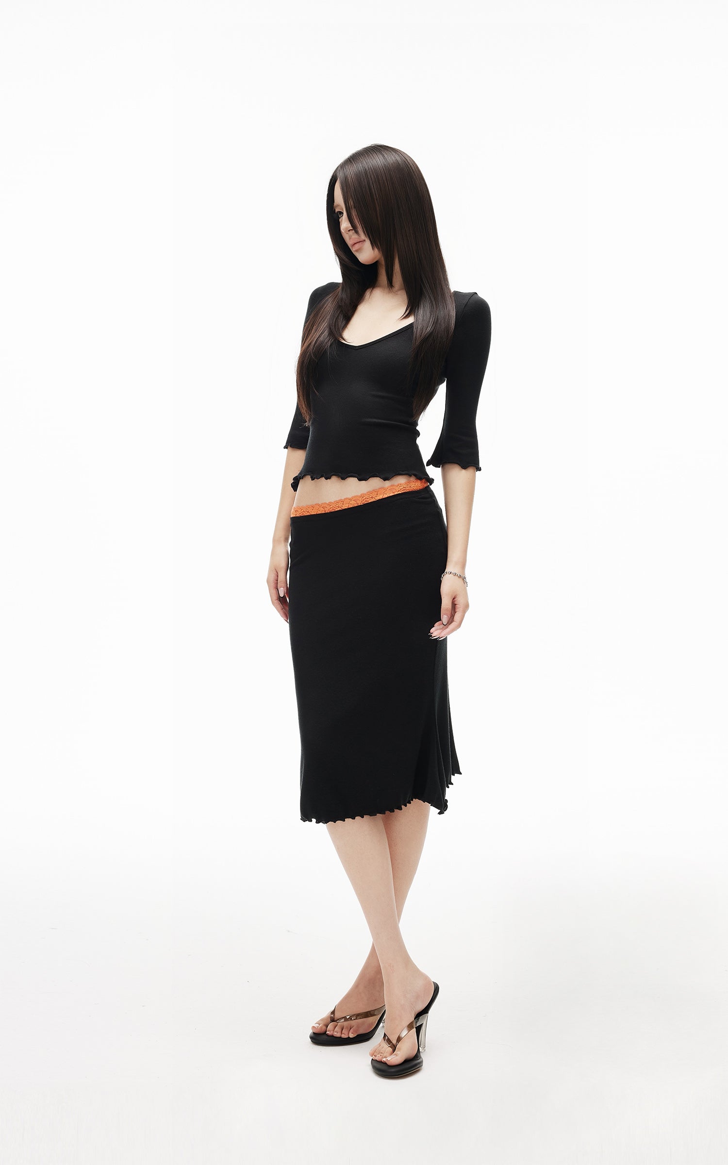IAMXIAA Lace Trim Top &amp; Midi Skirt Set