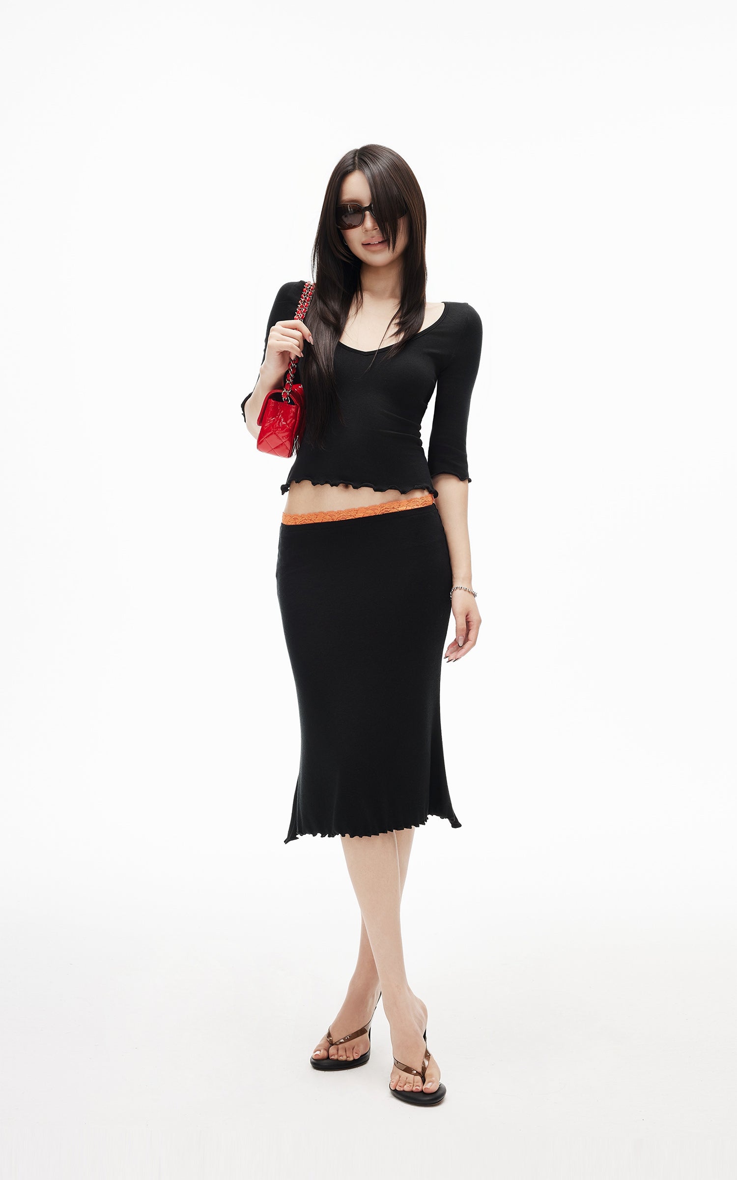IAMXIAA Lace Trim Top &amp; Midi Skirt Set