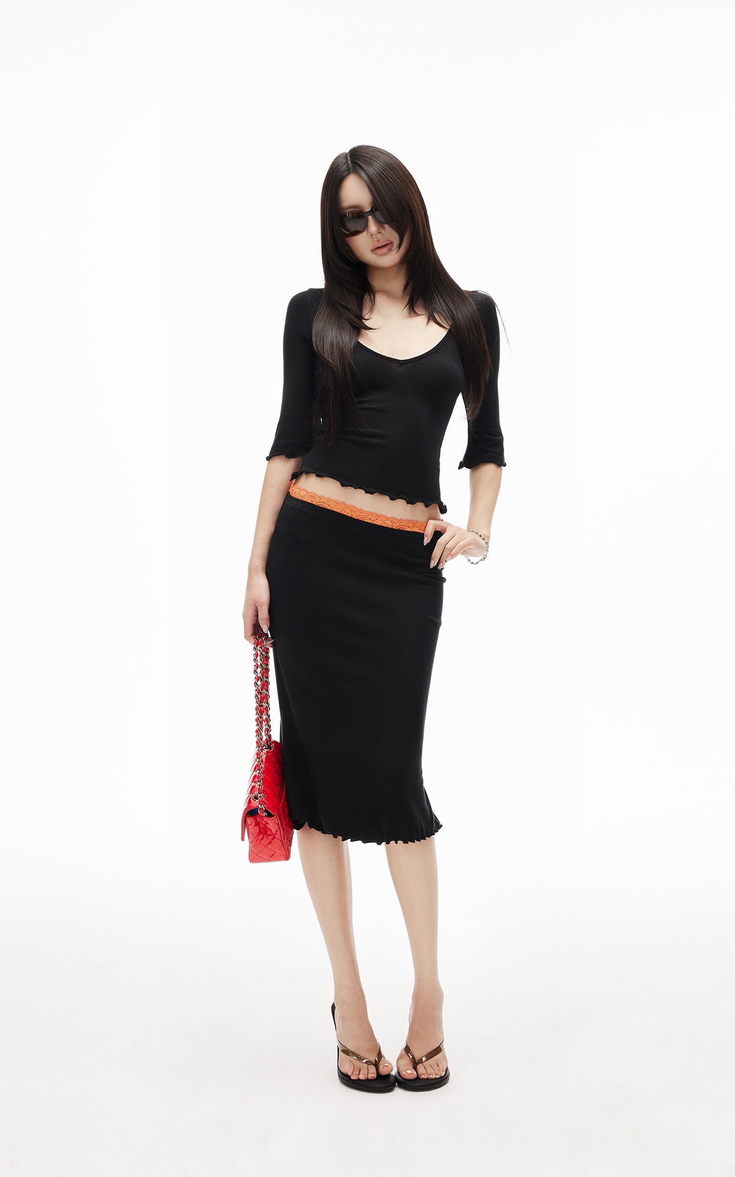 IAMXIAA Lace Trim Top &amp; Midi Skirt Set