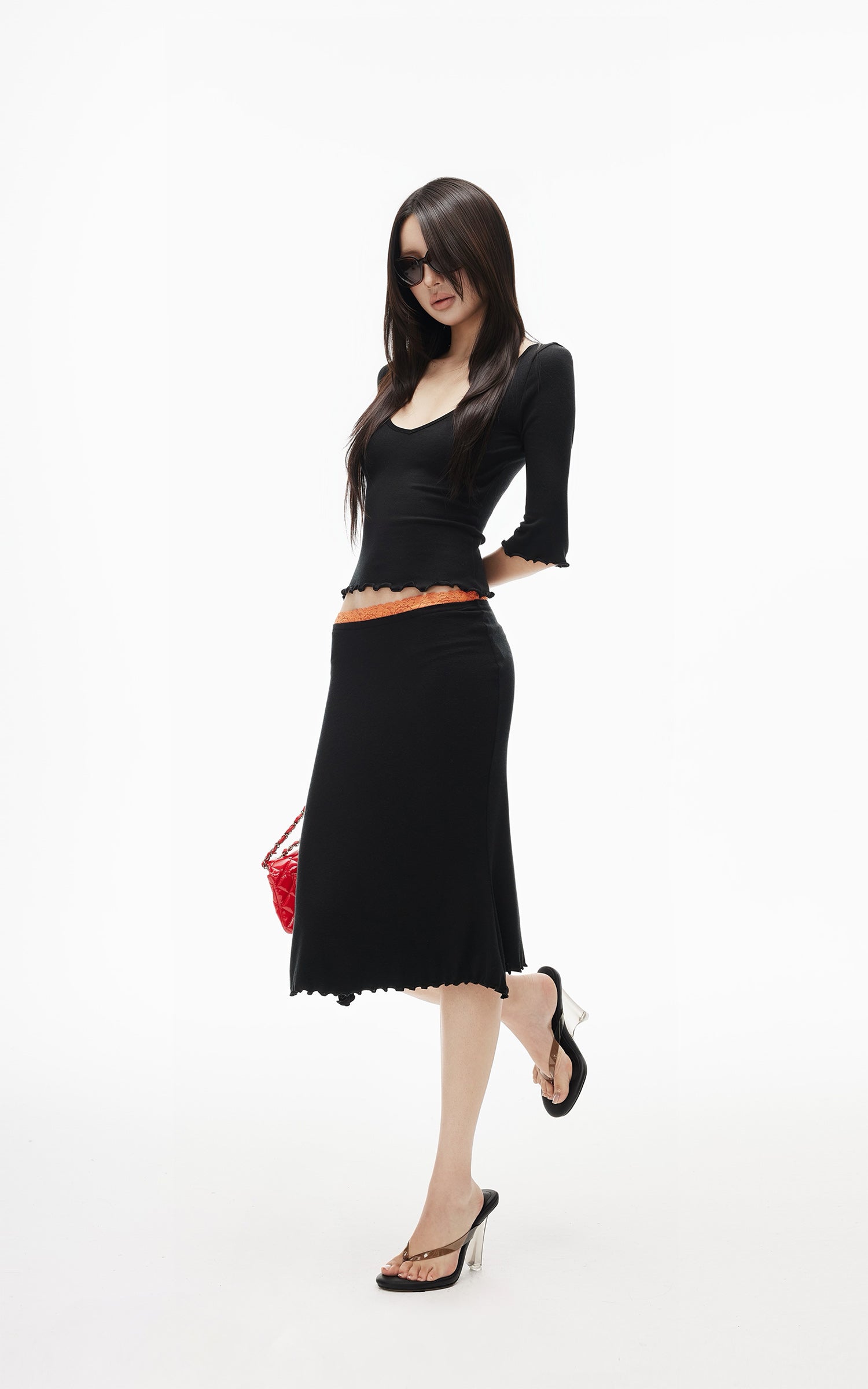 IAMXIAA Lace Trim Top &amp; Midi Skirt Set