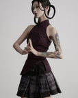 DOINDULGE Lace-Up Layered Pleated Mini Skirt