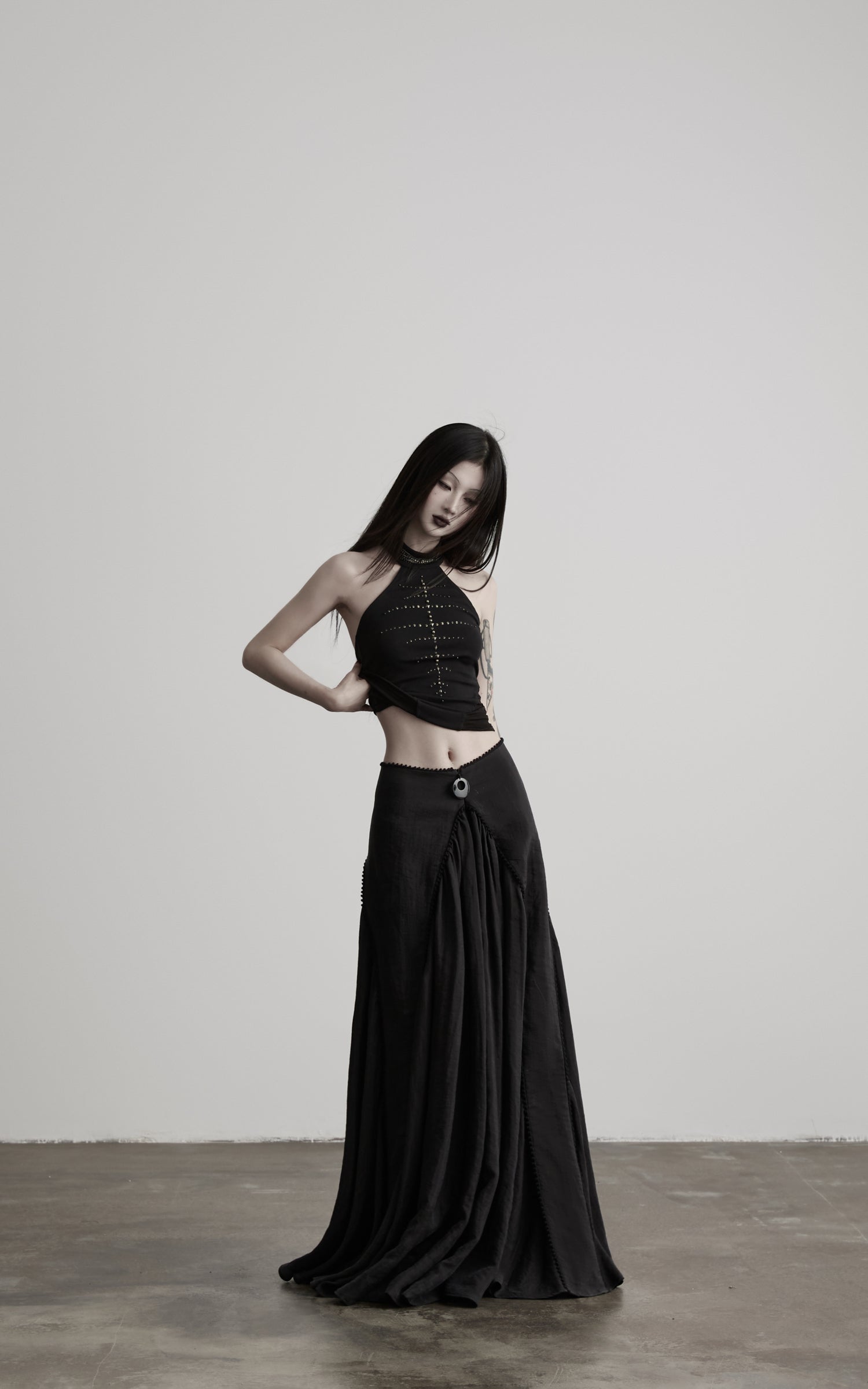 DOINDULGE Studded Mesh-Panel Halter Top